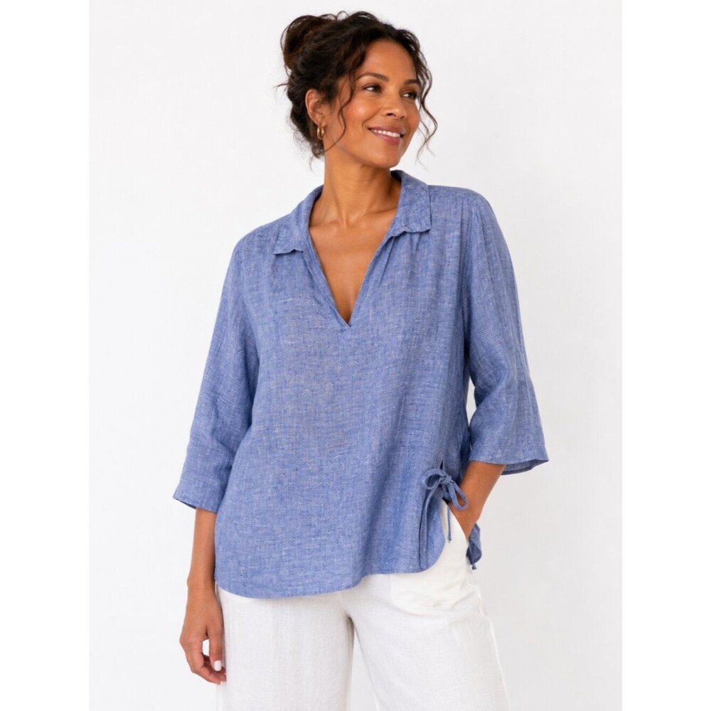 Isaac Mizrahi Blue Linen Popover Top Blouse Tie-Sides 3/4 Sleeve Womens X-Large